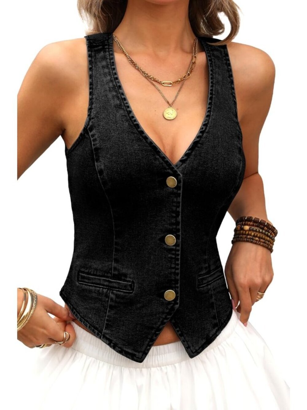 Women's Black Denim V Neck Cropped Denim Vest Jean With Faux Pockets